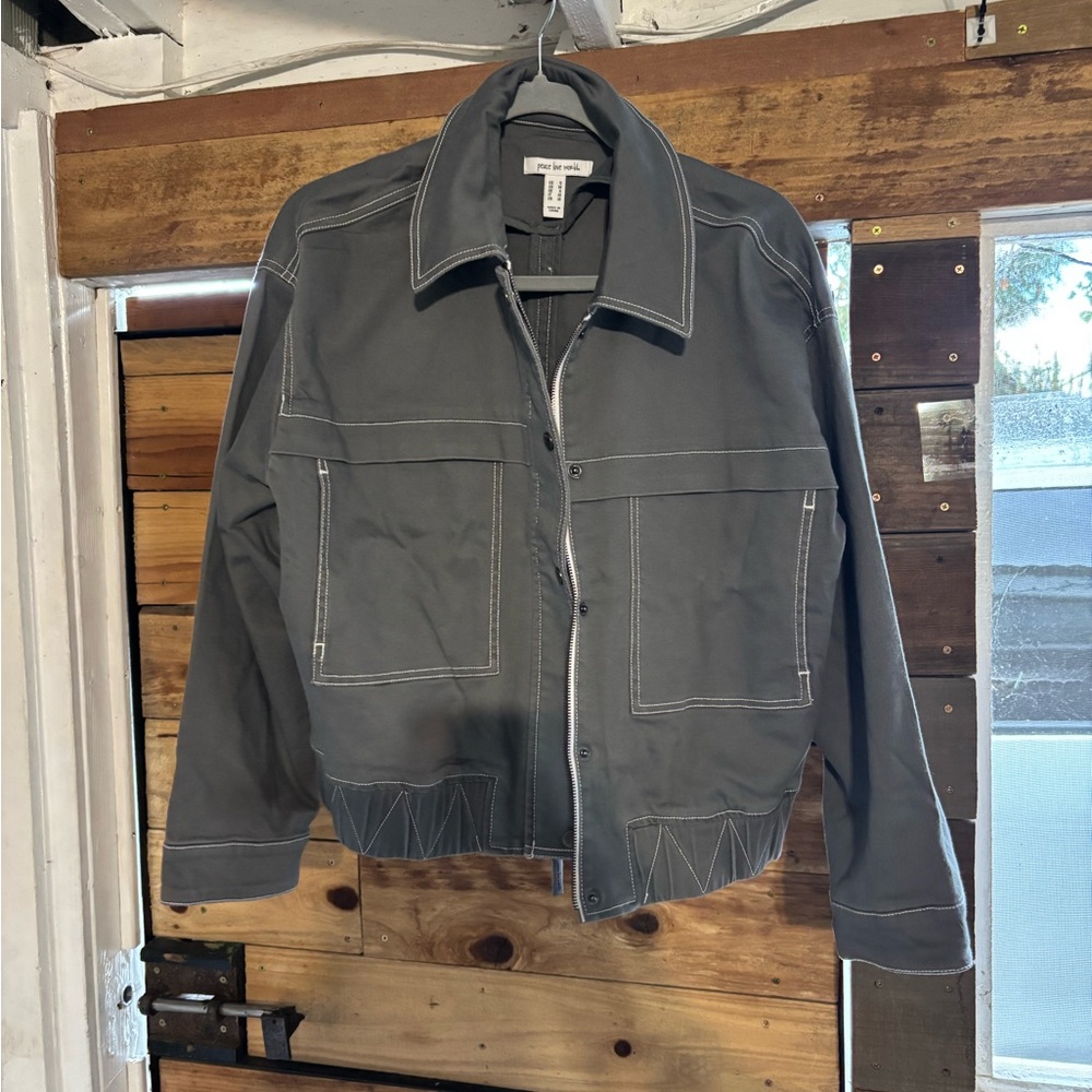 Peace Love World Men's Lightweight Shirt Jacket in Charcoal with White Stitching